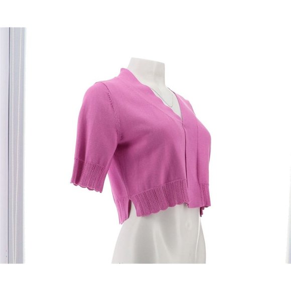 NWT ISAAC MIZRAHI SCALLOP TRIM OPEN FRONT CARDIGAN SWEATER AFRICAN ORCHID XXS - Picture 7 of 11